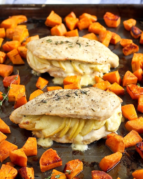 Apple Gouda Stuffed Chicken Breast with Smoky Roasted Sweet Potatoes